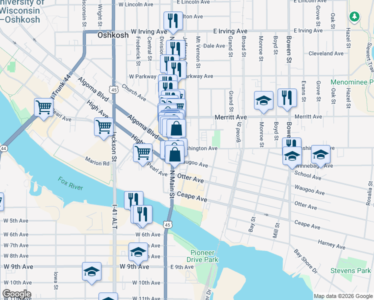 map of restaurants, bars, coffee shops, grocery stores, and more near 105 Washington Avenue in Oshkosh
