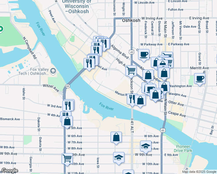 map of restaurants, bars, coffee shops, grocery stores, and more near 474 Marion Road in Oshkosh