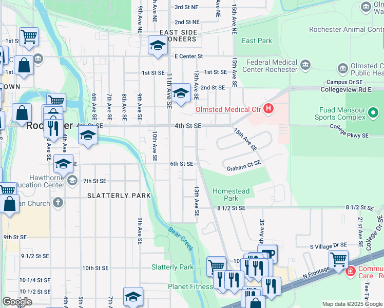 map of restaurants, bars, coffee shops, grocery stores, and more near 517 13th Avenue Southeast in Rochester