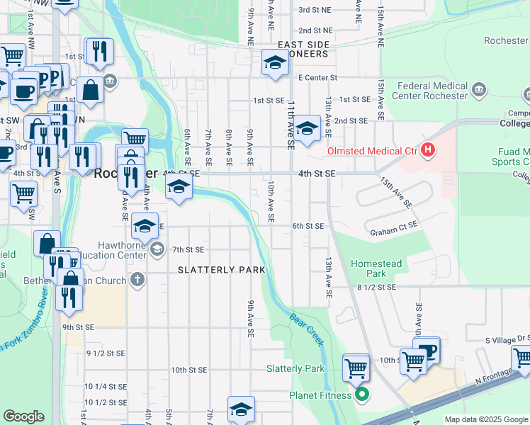 map of restaurants, bars, coffee shops, grocery stores, and more near 512 9th Street Southeast in Rochester