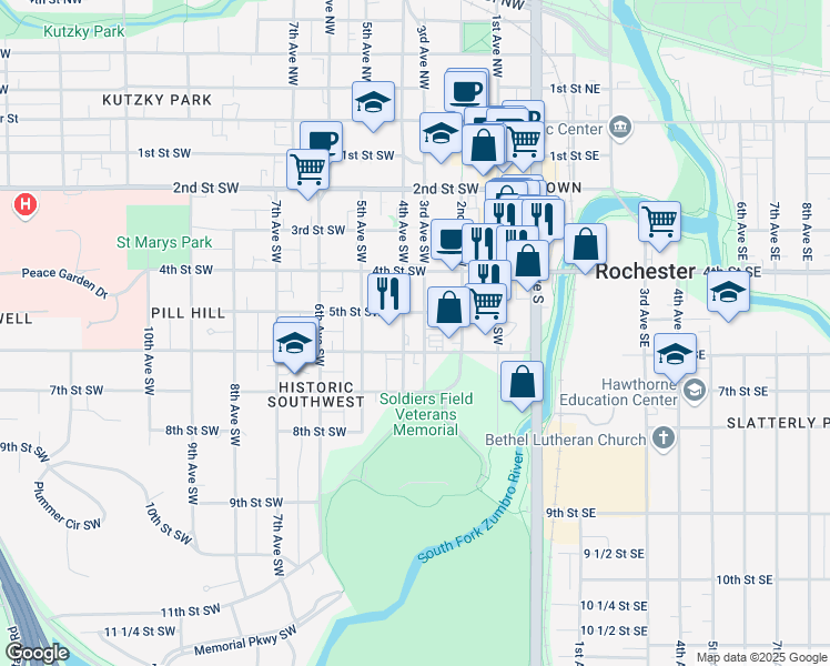 map of restaurants, bars, coffee shops, grocery stores, and more near 511 3rd Avenue Southwest in Rochester