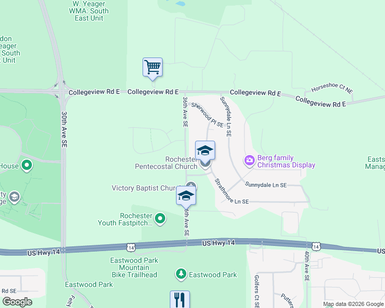 map of restaurants, bars, coffee shops, grocery stores, and more near 404 36th Avenue Southeast in Rochester
