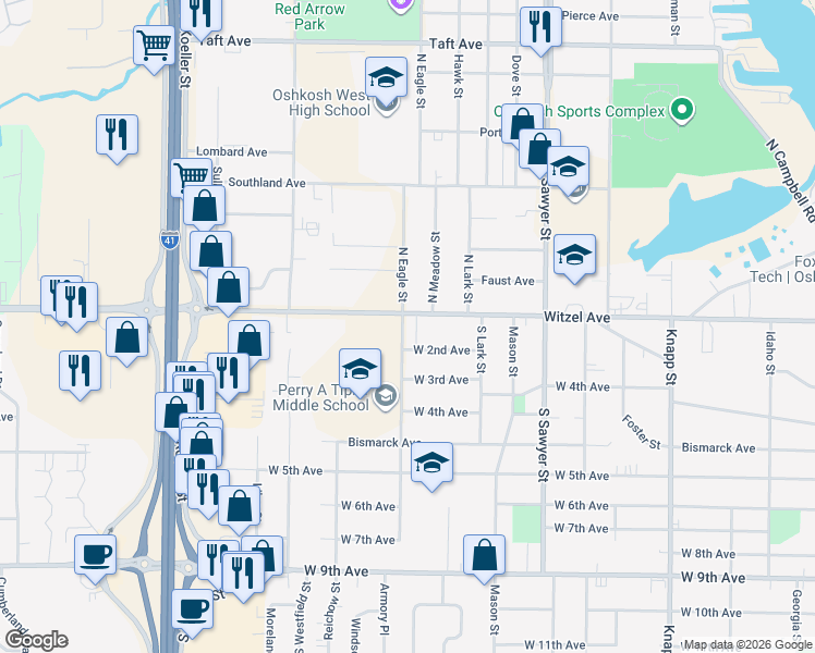 map of restaurants, bars, coffee shops, grocery stores, and more near 116 South Eagle Street in Oshkosh