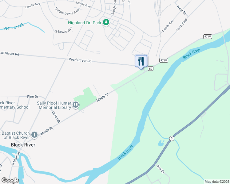 map of restaurants, bars, coffee shops, grocery stores, and more near 258 Maple Street in Black River