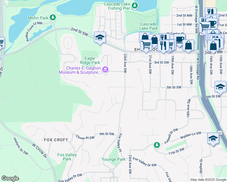 map of restaurants, bars, coffee shops, grocery stores, and more near 2404 5th Street Southwest in Rochester