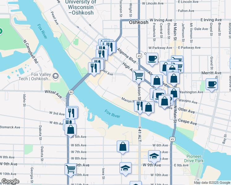 map of restaurants, bars, coffee shops, grocery stores, and more near 474 Marion Road in Oshkosh