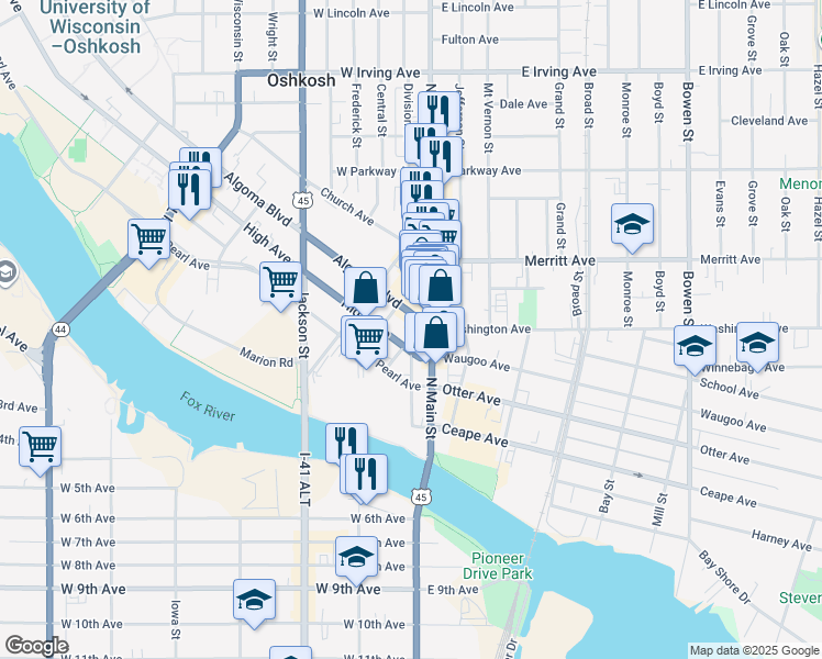 map of restaurants, bars, coffee shops, grocery stores, and more near in Oshkosh