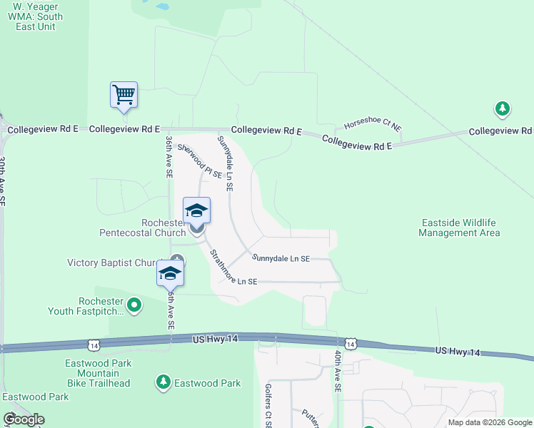 map of restaurants, bars, coffee shops, grocery stores, and more near 278 Brookestone Drive Southeast in Rochester