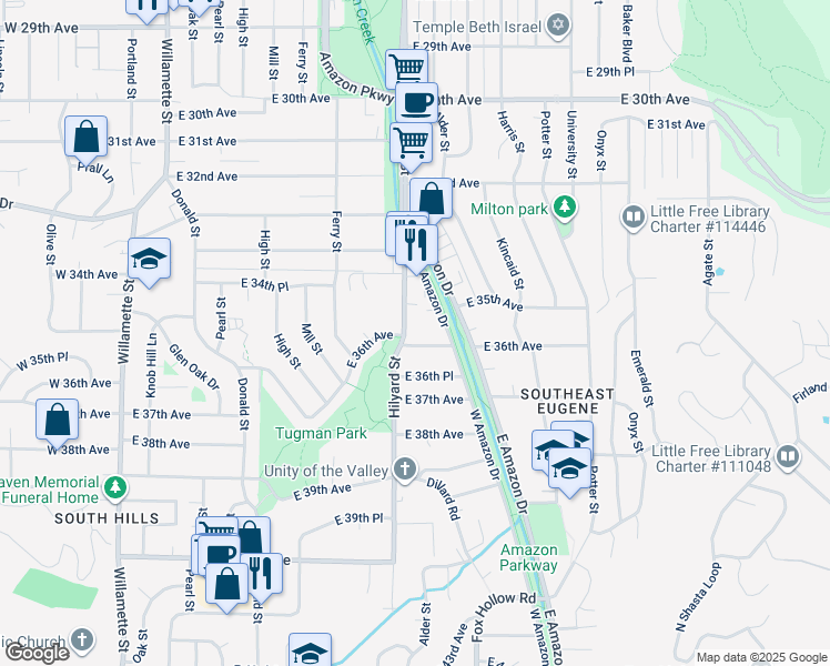 map of restaurants, bars, coffee shops, grocery stores, and more near 3601 Hilyard Street in Eugene
