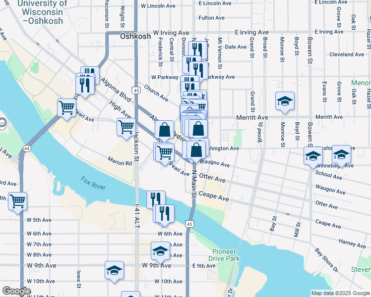 map of restaurants, bars, coffee shops, grocery stores, and more near in Oshkosh