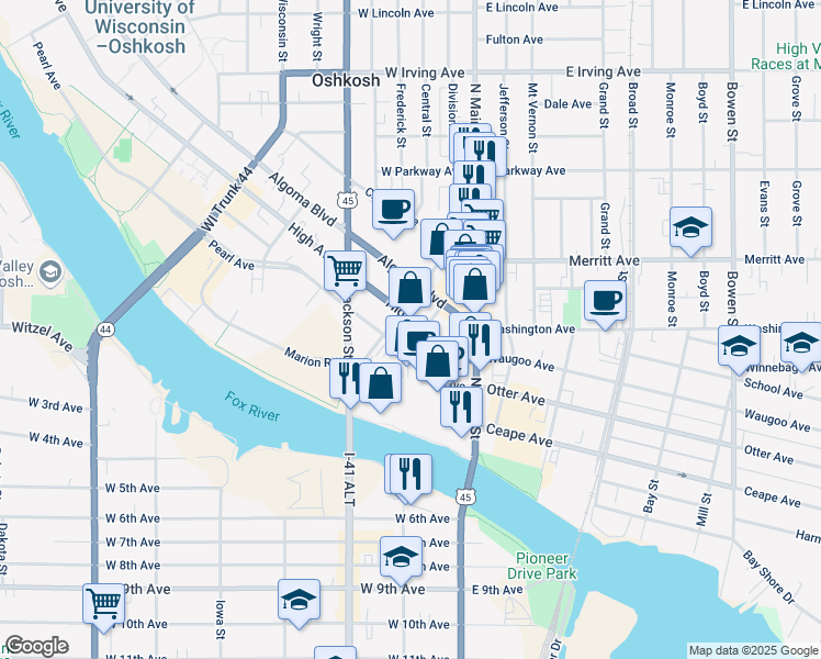 map of restaurants, bars, coffee shops, grocery stores, and more near 139 High Avenue in Oshkosh
