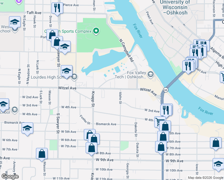 map of restaurants, bars, coffee shops, grocery stores, and more near 821 Witzel Avenue in Oshkosh