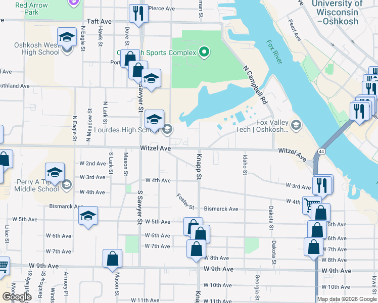 map of restaurants, bars, coffee shops, grocery stores, and more near 1019 Witzel Avenue in Oshkosh