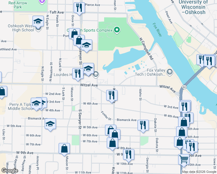 map of restaurants, bars, coffee shops, grocery stores, and more near 1019 Witzel Avenue in Oshkosh
