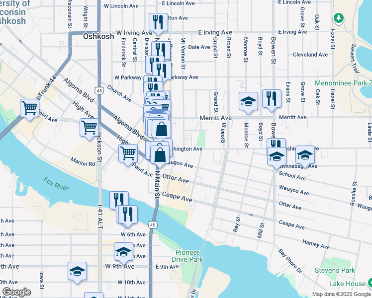 map of restaurants, bars, coffee shops, grocery stores, and more near 220 Washington Avenue in Oshkosh