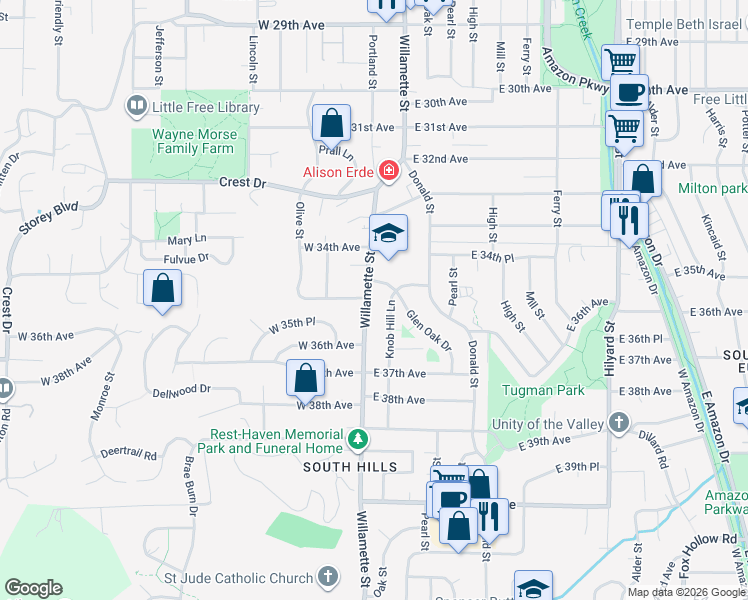 map of restaurants, bars, coffee shops, grocery stores, and more near 3530 Knob Hill Lane in Eugene