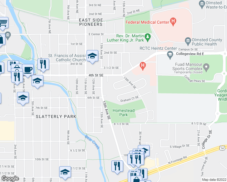 map of restaurants, bars, coffee shops, grocery stores, and more near 1410 Damon Court Southeast in Rochester