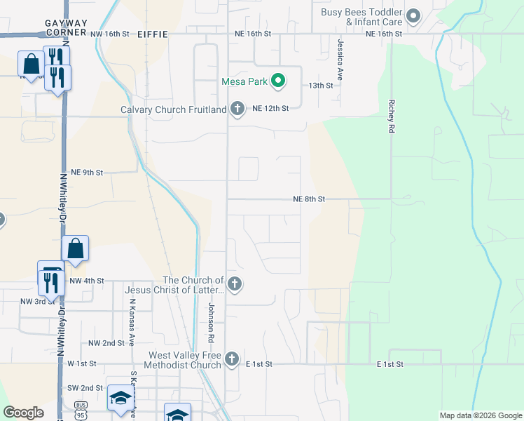 map of restaurants, bars, coffee shops, grocery stores, and more near 733 Lilac Street in Fruitland