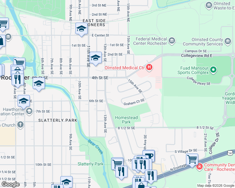 map of restaurants, bars, coffee shops, grocery stores, and more near 1410 Damon Court Southeast in Rochester