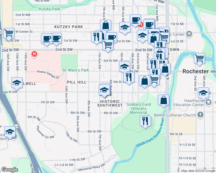 map of restaurants, bars, coffee shops, grocery stores, and more near 609 6th Street Southwest in Rochester
