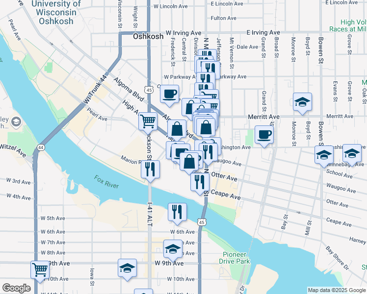 map of restaurants, bars, coffee shops, grocery stores, and more near in Oshkosh