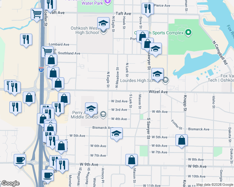 map of restaurants, bars, coffee shops, grocery stores, and more near 1443 Witzel Avenue in Oshkosh
