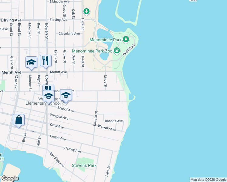 map of restaurants, bars, coffee shops, grocery stores, and more near 1355 Washington Avenue in Oshkosh