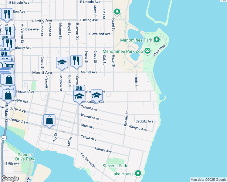 map of restaurants, bars, coffee shops, grocery stores, and more near 1200 Washington Avenue in Oshkosh