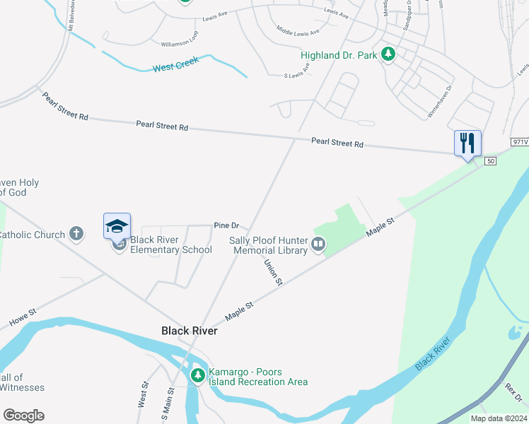 map of restaurants, bars, coffee shops, grocery stores, and more near 198 North Main Street in Black River