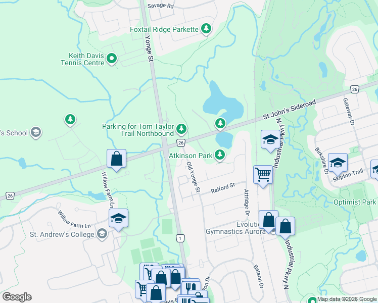 map of restaurants, bars, coffee shops, grocery stores, and more near 246 Old Yonge Street in Aurora