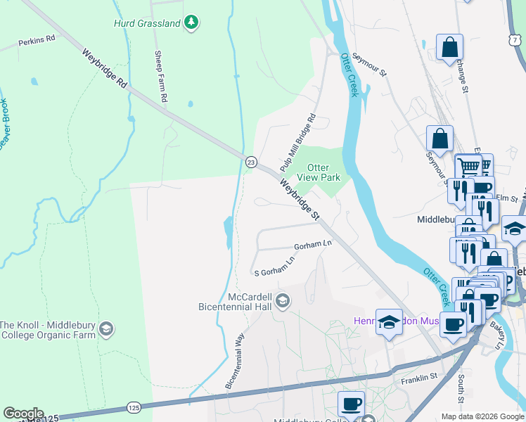 map of restaurants, bars, coffee shops, grocery stores, and more near 10 Gorham Lane in Middlebury