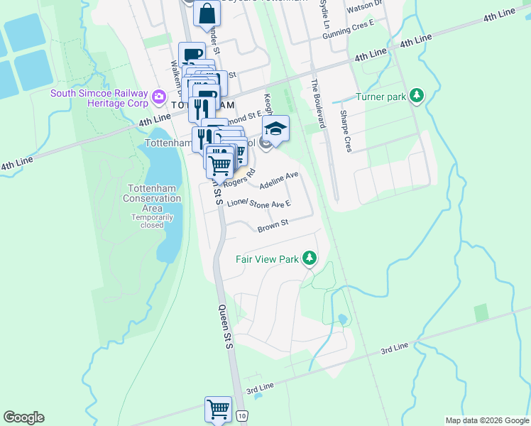 map of restaurants, bars, coffee shops, grocery stores, and more near 8 William Smart Road in New Tecumseth