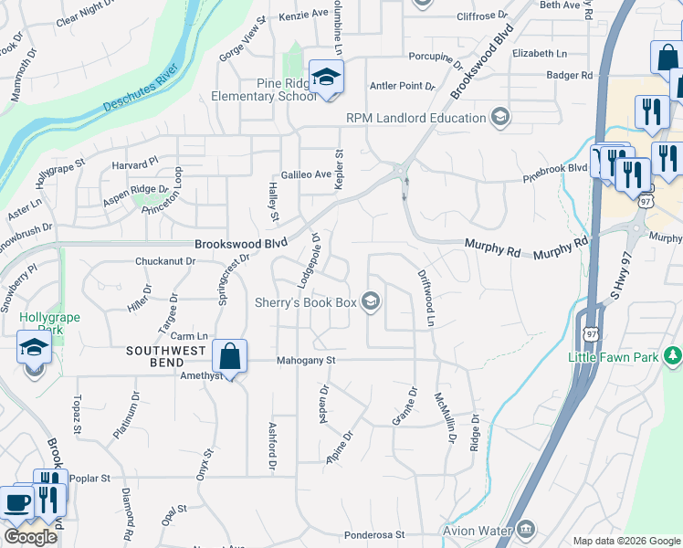 map of restaurants, bars, coffee shops, grocery stores, and more near 19861 Duck Call Lane in Bend
