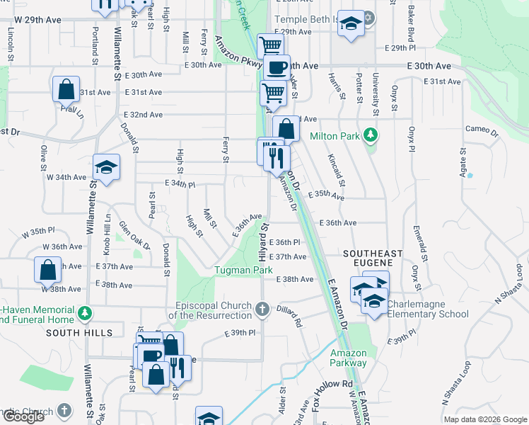 map of restaurants, bars, coffee shops, grocery stores, and more near 580 East 36th Avenue in Eugene