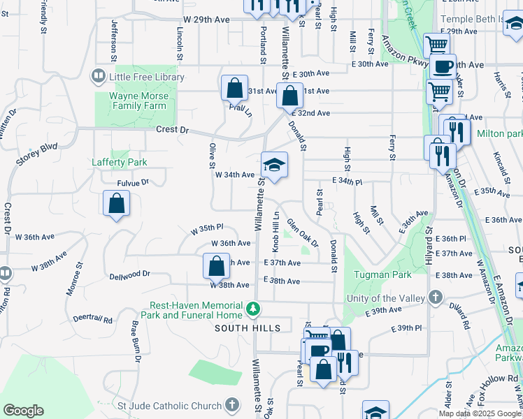 map of restaurants, bars, coffee shops, grocery stores, and more near 3530 Knob Hill Lane in Eugene