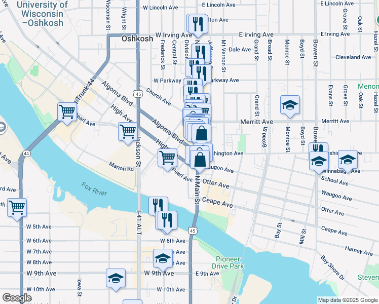 map of restaurants, bars, coffee shops, grocery stores, and more near 17 Washington Avenue in Oshkosh