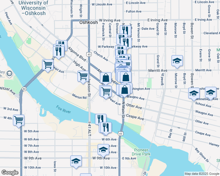 map of restaurants, bars, coffee shops, grocery stores, and more near in Oshkosh