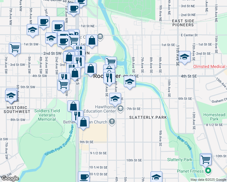 map of restaurants, bars, coffee shops, grocery stores, and more near 510 3rd Avenue Southeast in Rochester