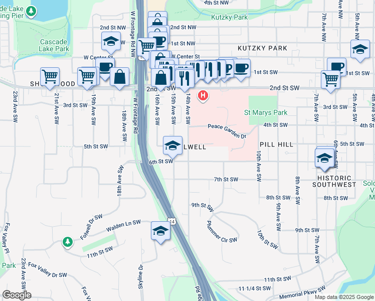 map of restaurants, bars, coffee shops, grocery stores, and more near 534 14th Avenue Southwest in Rochester