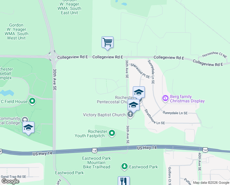 map of restaurants, bars, coffee shops, grocery stores, and more near 3536 Bridgeview Drive Southeast in Rochester