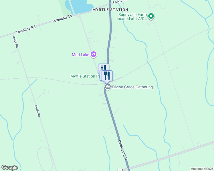 map of restaurants, bars, coffee shops, grocery stores, and more near 9495 Baldwin Street North in Whitby
