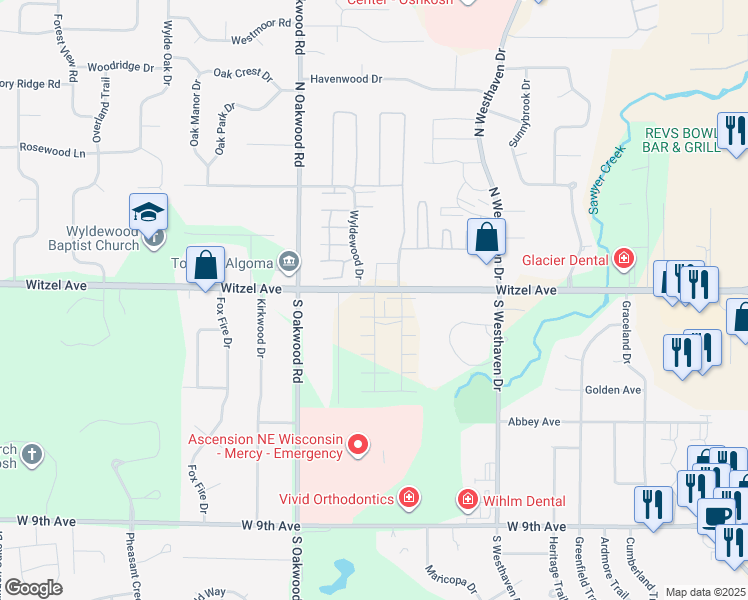 map of restaurants, bars, coffee shops, grocery stores, and more near 2645 Witzel Avenue in Oshkosh