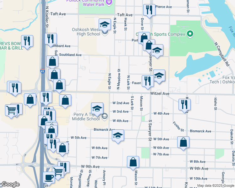 map of restaurants, bars, coffee shops, grocery stores, and more near 1443 Witzel Avenue in Oshkosh