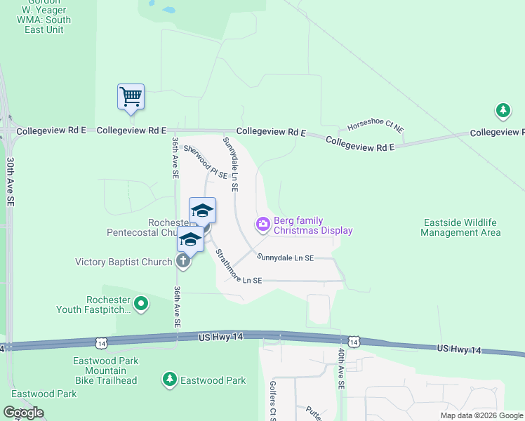 map of restaurants, bars, coffee shops, grocery stores, and more near 242 Brookestone Drive Southeast in Rochester