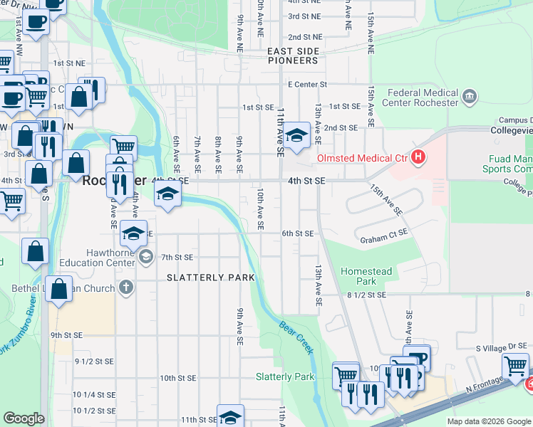 map of restaurants, bars, coffee shops, grocery stores, and more near 1011 1/2 6th Street Southeast in Rochester