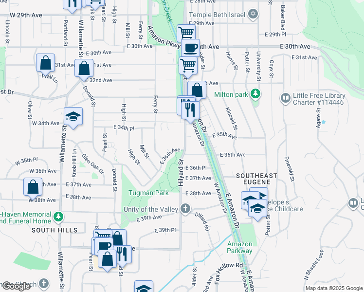 map of restaurants, bars, coffee shops, grocery stores, and more near 3590 Hilyard Street in Eugene