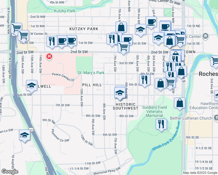 map of restaurants, bars, coffee shops, grocery stores, and more near 523 7th Avenue Southwest in Rochester
