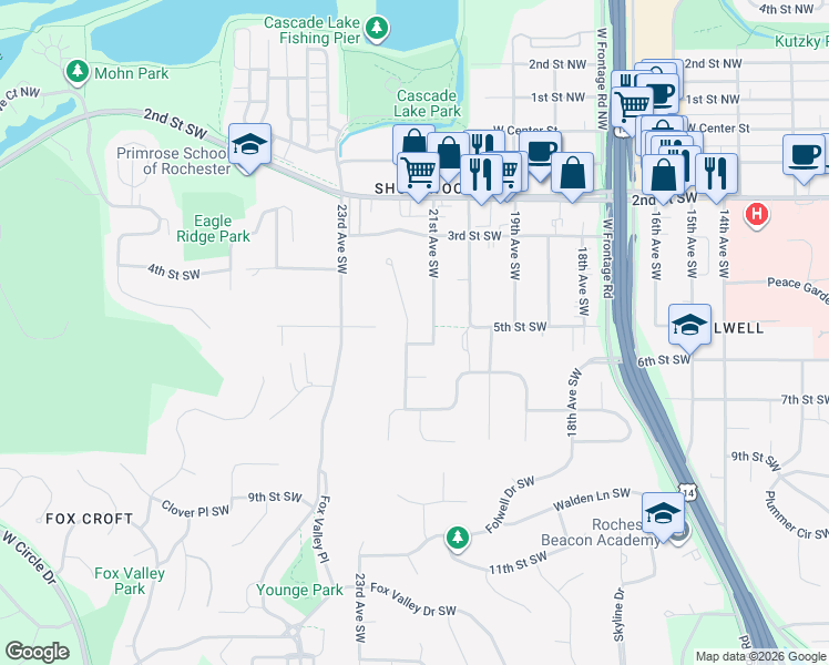 map of restaurants, bars, coffee shops, grocery stores, and more near 2194 Folwell Ridge Street Southwest in Rochester
