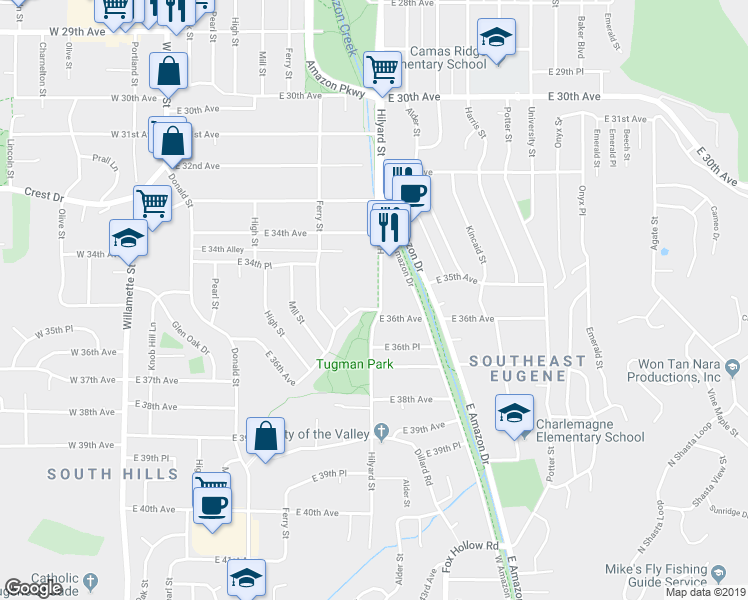 map of restaurants, bars, coffee shops, grocery stores, and more near 580 East 36th Avenue in Eugene