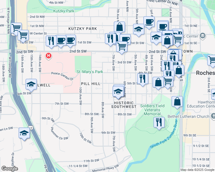 map of restaurants, bars, coffee shops, grocery stores, and more near 523 7th Avenue Southwest in Rochester